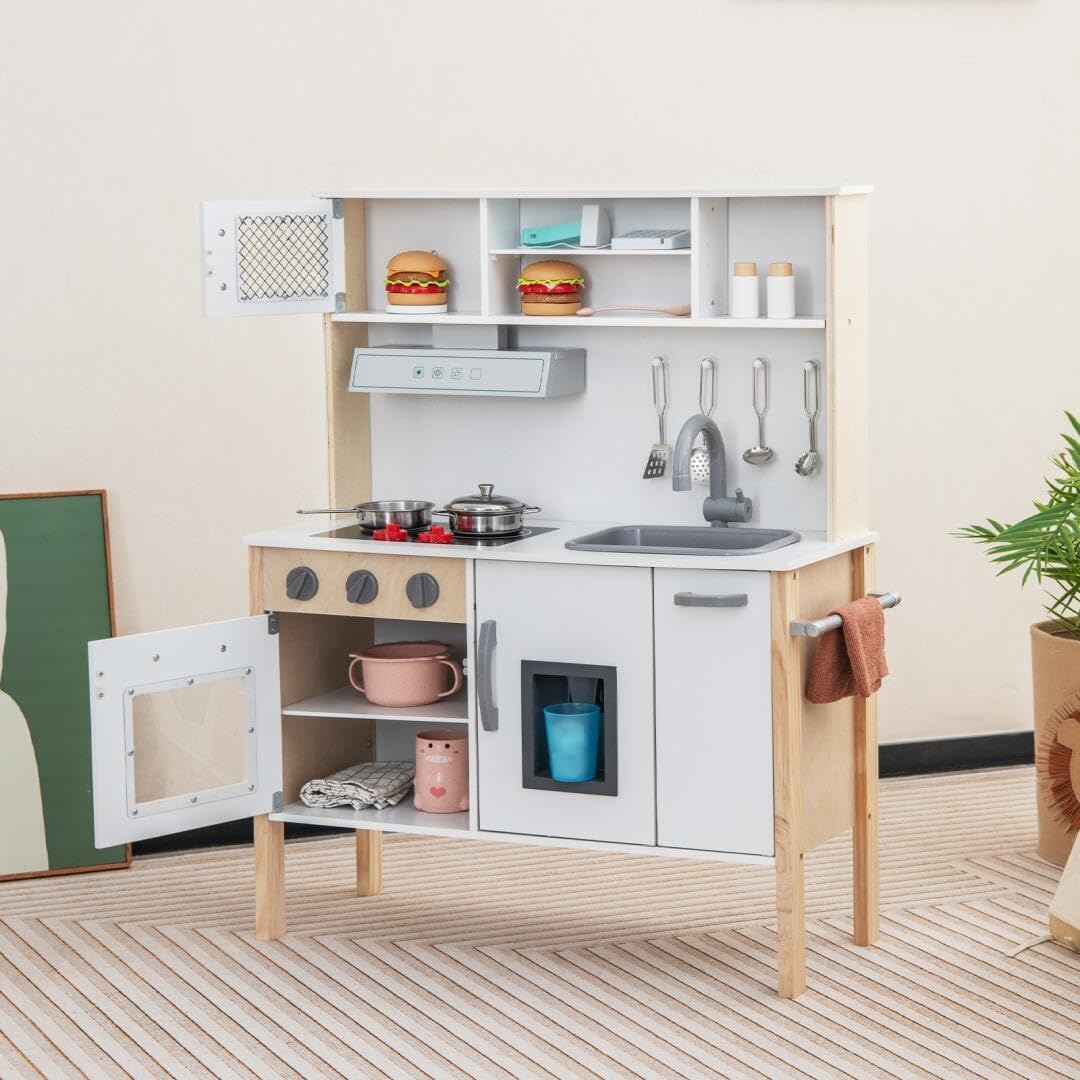 HOMASIS Spielküche mit 18 Zubehör, Kinderküche Holz, Spielzeugküche mit Spüle Herd Backofen Mikrowel