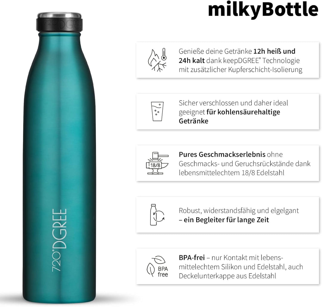 720°DGREE Edelstahl Trinkflasche “milkyBottle” - 1L - BPA-Frei, Auslaufsicher, Kohlensäure geeignet