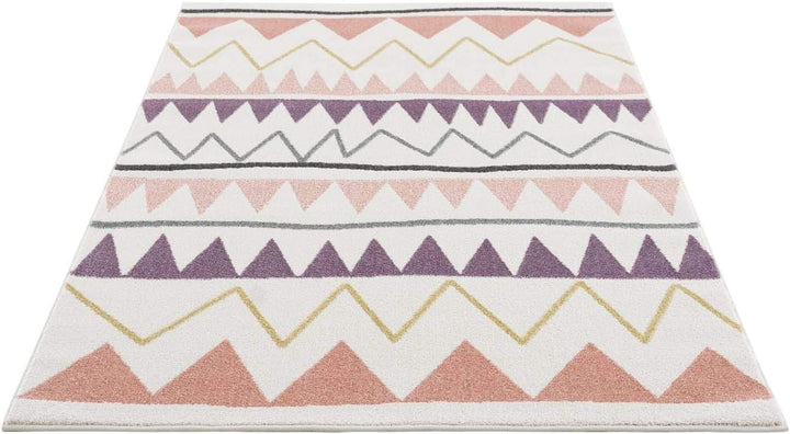 carpet city Kinderteppich Läufer - Zickzack-Motiv 80x150 cm Creme Rosa - Kinderzimmer Teppich Modern