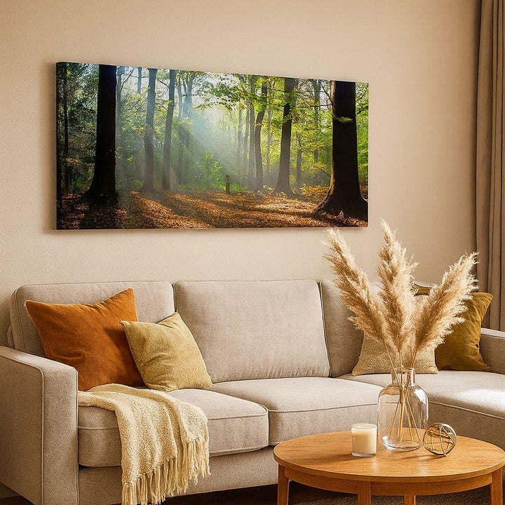 Wandbilder Dekoration Wohnzimmer Wald Blätter Sonne Panorama Bilder auf Leinwand 120x50cm Leinwandbi
