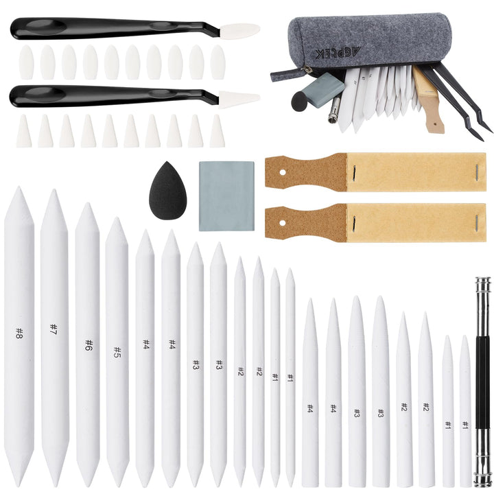 AGPTEK 48 PCS Sketch Drawing Tools, 20 Blending Stümpfe Set mit 2 Sandpapier Bleistiftspitzer, Bleis