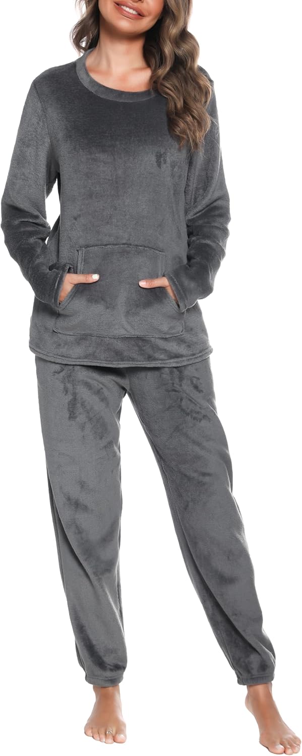 Lovasy Fleece Schlafanzug Damen Lang Winter Warmer Pyjama Set Flauschiger Frottee Schlafanzüge für D