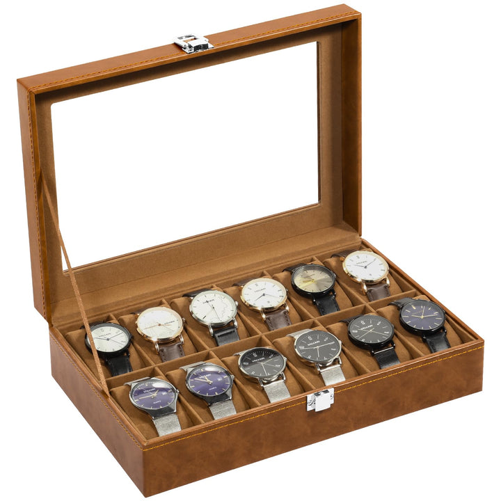 Uten Uhrenbox mit 12 Fächern, Uhrenbox mit Glasabdeckung, Uhrendisplay Aufbewahrungsbox für Damen un