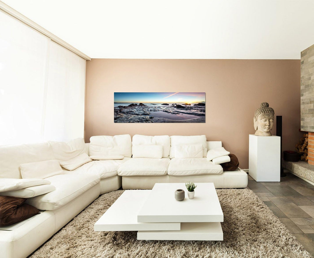 Paul Sinus Art Panoramabild auf Leinwand und Keilrahmen 150x50cm Cornwall Steinbecken Meer Sonnenunt