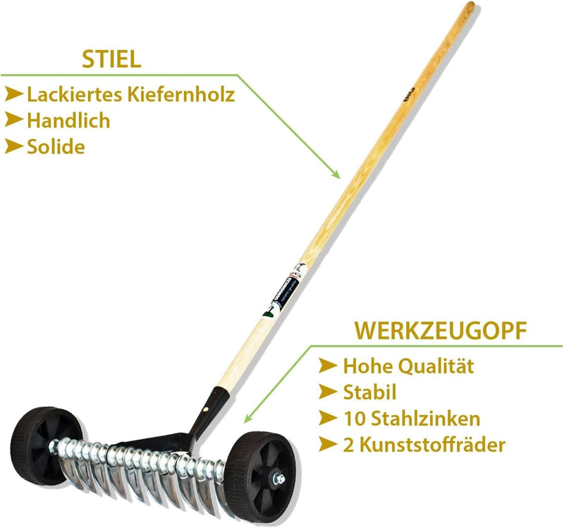 Saferide Gartenkralle Rasenbelüfter mit Rädern Rasenrolle Aerator Schneidrechen aus Kiefernholz und