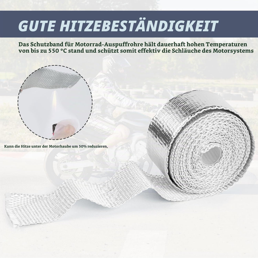 Hitzeschutzband Auspuff, Auspuffband mit 5 Kabelbinder Stainless Steel, Hitzeschutz Auspuff Bandage,