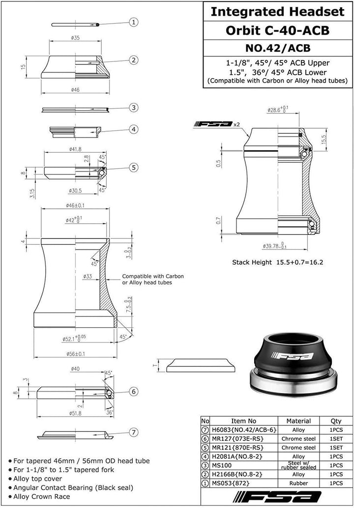 FSA NO.42/ACB-A Integriertes Headset Orbit C-40 1-1/8 Zoll bis 1,5 Zoll konisch 15 mm, schwarz, XTE1