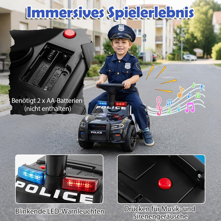 COSTWAY Rutschauto Polizei, Rutschfahrzeug mit blinkenden Lichtern, Musik &amp; Sirene, Kinderauto mit S