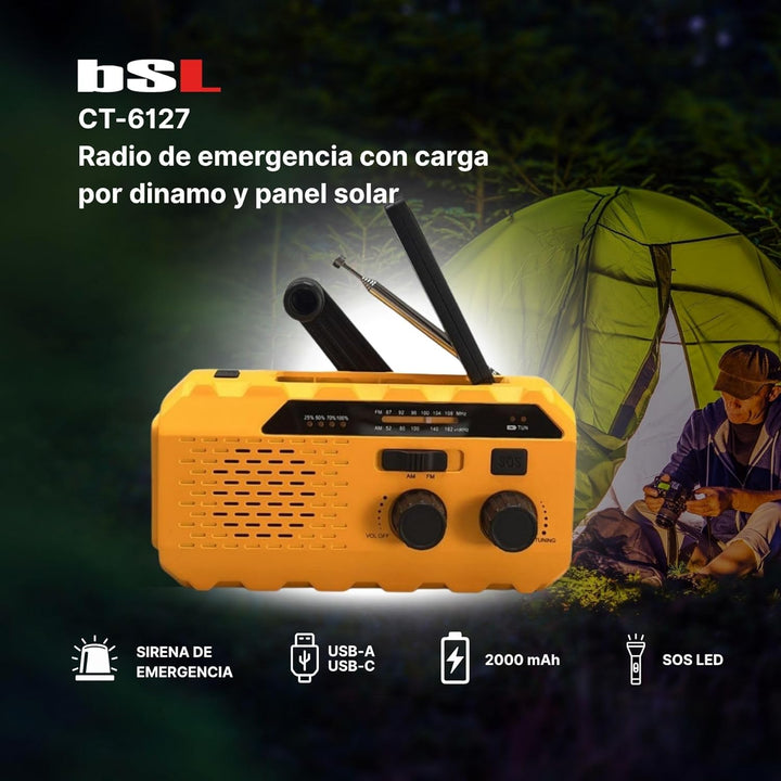 BSL Tragbares Radio AM/FM CT-6127 | Solarladung und Kurbel Dynamo | LED-Taschenlampe | 2000-mAh-Akku