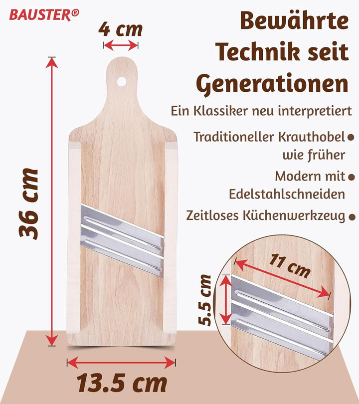 Krauthobel aus Buchenholz mit Edelstahlklingen – Traditioneller Gemüsehobel für Weisskohl, Rotkohl &