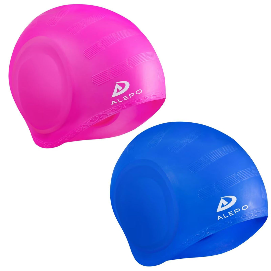 Alepo 2 Pack Unisex Badekappen Damen Herren mit 3D-Ohrenschutz, Schwimmkappe Langlebige Flexible Sil