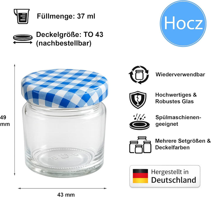 hocz 100x Mini Marmeladengläser 37 ml | mit Deckel Blau Kariert TO 43 | kleine Einmachgläser mit Sch