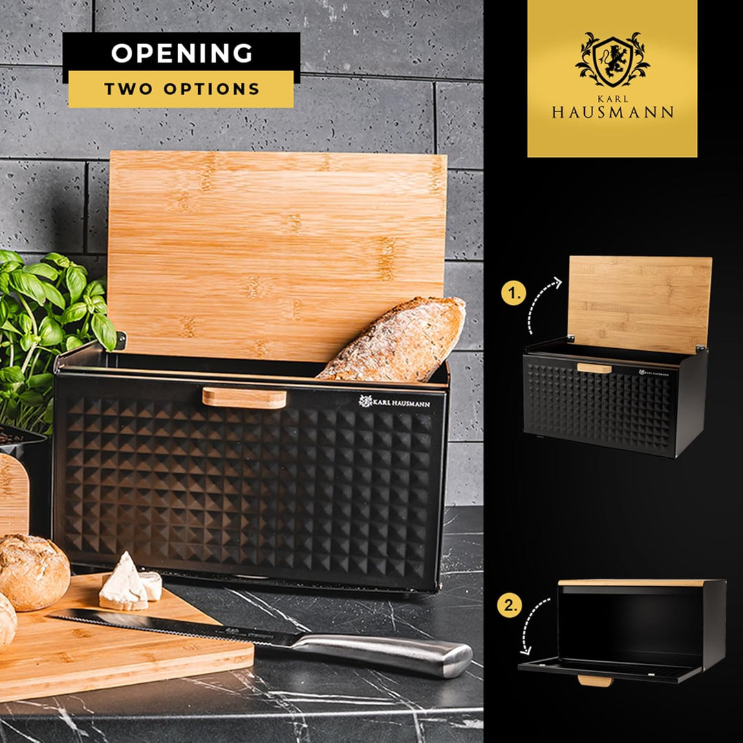 Brotkasten Metall Schwarz mit Bambus Deckel - Hält Brot länger frisch | Grosse Brotbox zur Brotaufbe