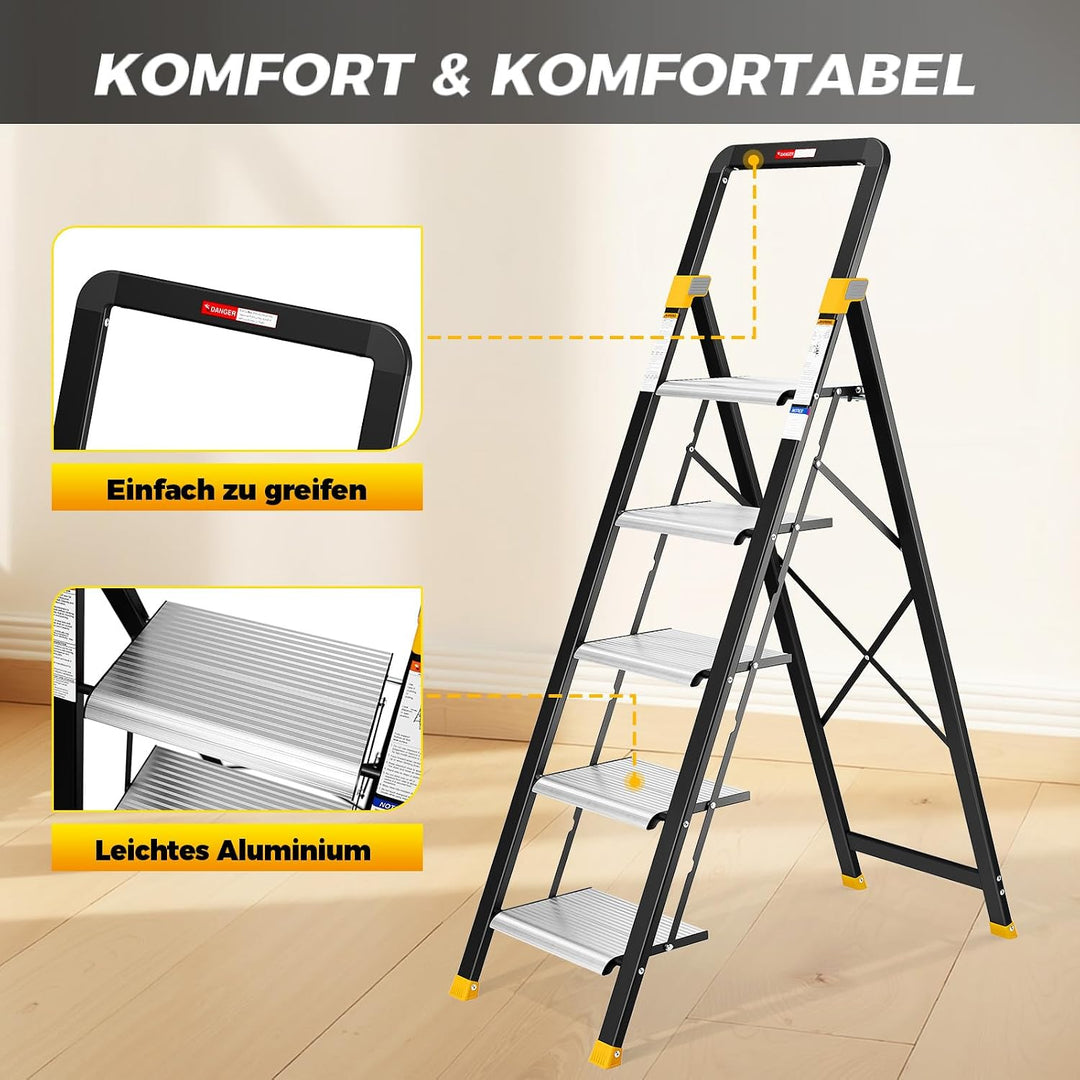 KINGRACK Trittleiter 5 Stufen Klappbar Aluminium, Klappleiter mit Handlauf, Haushaltsleiter Anti-Rut
