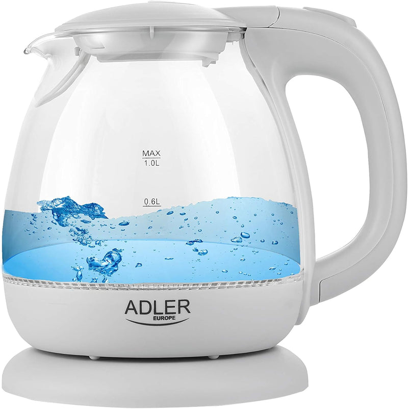 adler AD 1238 Elektrischer Wasserkocher aus Glas, klein, 1 l, 1100 W, LED-Beleuchtung, 1100 W, 1 Lit