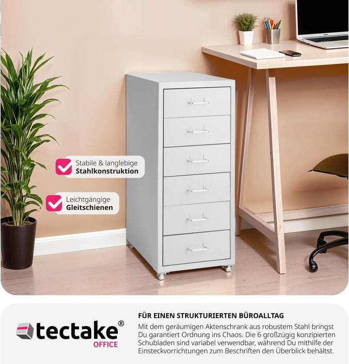 tectake® Metall Rollcontainer, Büromöbel für Schreibtisch, Büro Organizer mit 6 Schubladen, Schublad