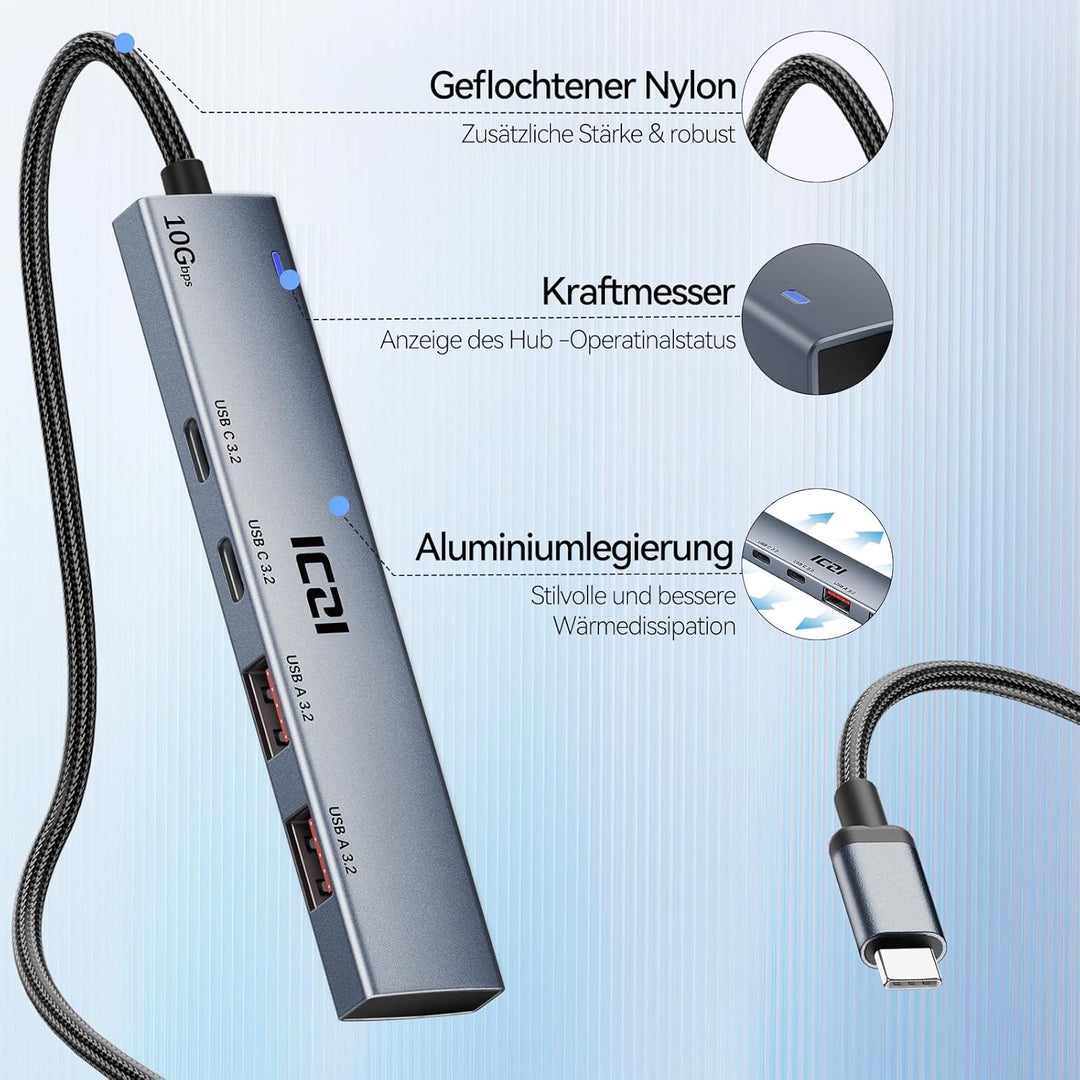 ICZI USB C Hub 4 Port 10Gbps Verteiler Multiport Adapter 120cm Kabel mit 2*USB C 3.2 und 2*USB A 3.2