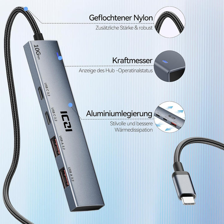 ICZI USB C Hub 4 Port 10Gbps Verteiler Multiport Adapter 120cm Kabel mit 2*USB C 3.2 und 2*USB A 3.2