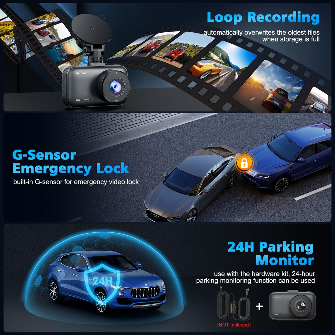 Dashcam Auto Vorne Hinten mit CPL Filter, 4K+1080P WiFi AutoKamera mit 64G SD Karte, 3" IPS-Bildschi