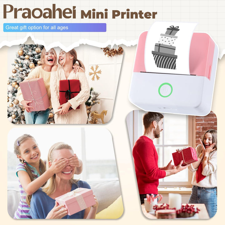 PRAOAHEI Mini Drucker, Tragbarer Fotodrucker mit 10 Rollen Druckerpapier, Bluetooth-Etikettendrucker