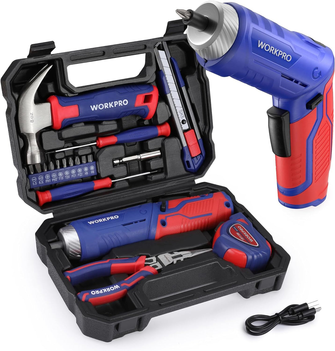 WORKPRO 18 tlg. Werkzeugset mit 3,7V USB C Akkuschrauber klein, Werkzeugkoffer gefüllt Werkzeugsatz
