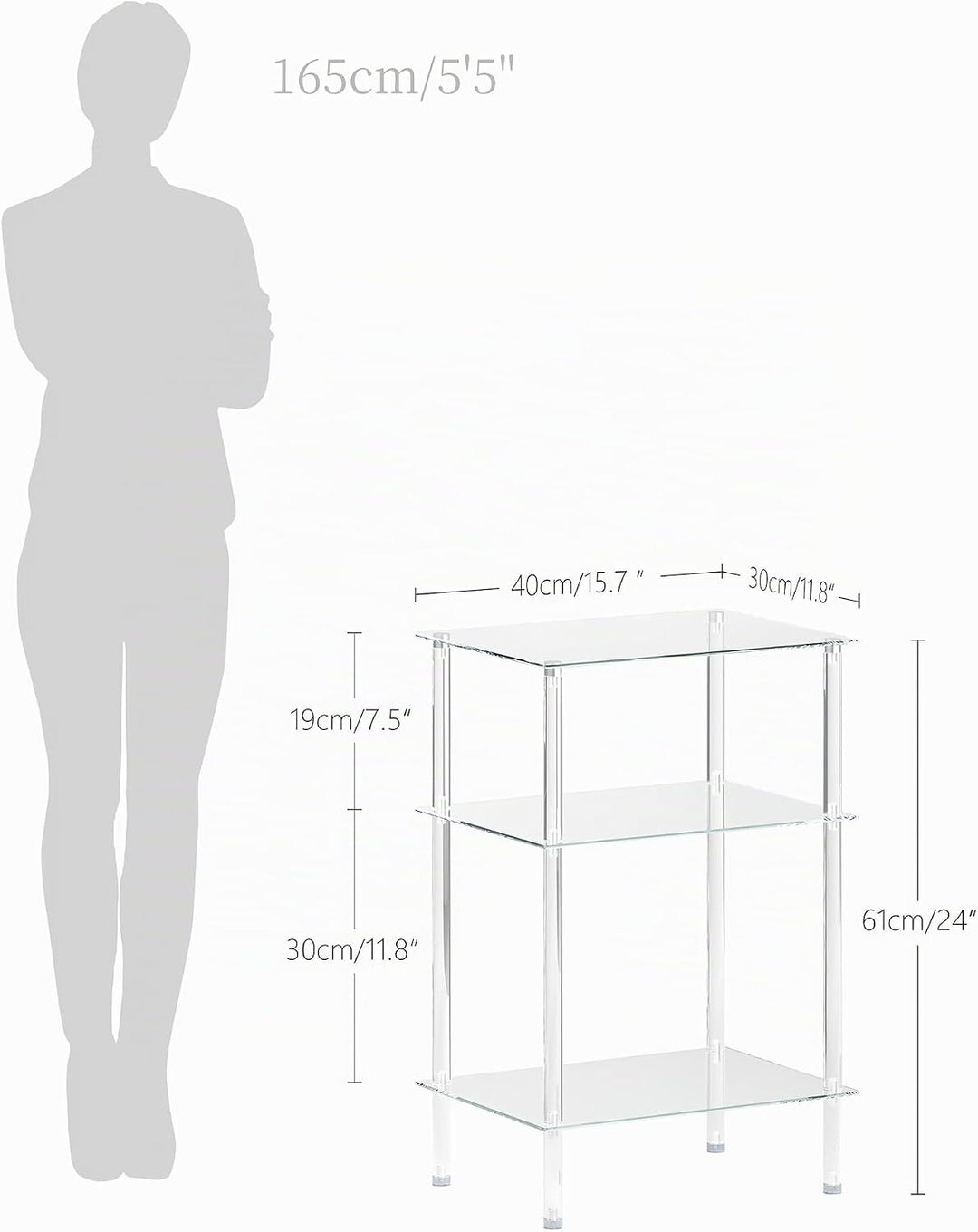 Moderner Beistelltisch Glas Eckig Transparenter Tisch mit 3 Ablagen Nachttisch Glastisch Side Table