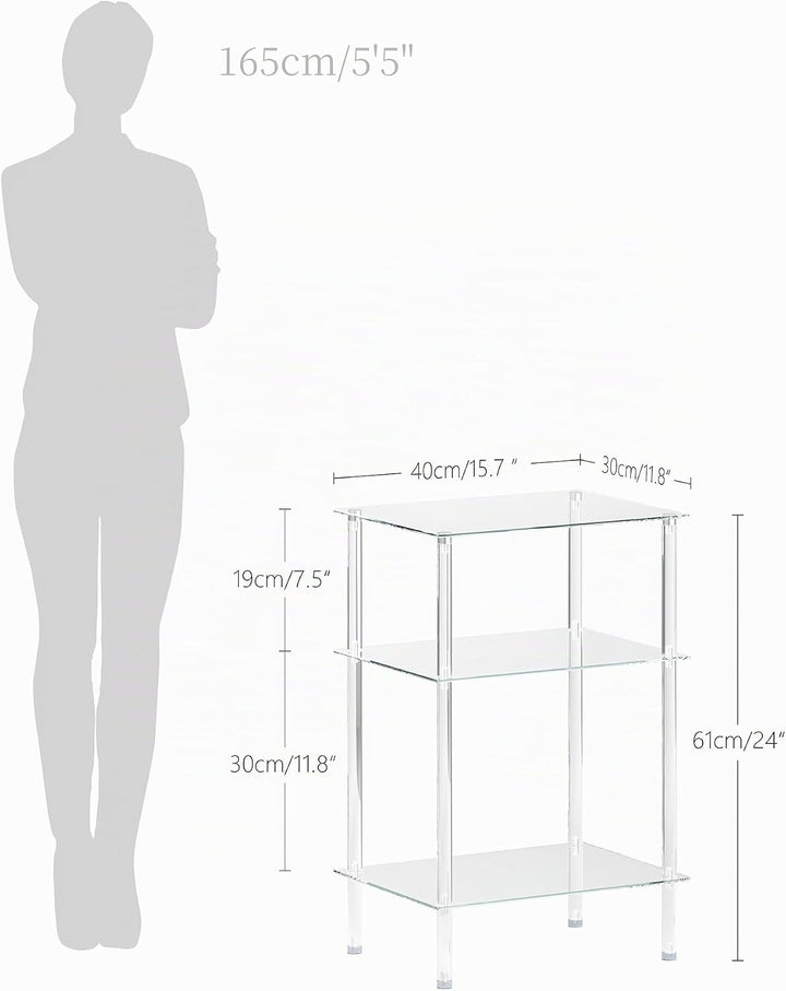 Moderner Beistelltisch Glas Eckig Transparenter Tisch mit 3 Ablagen Nachttisch Glastisch Side Table
