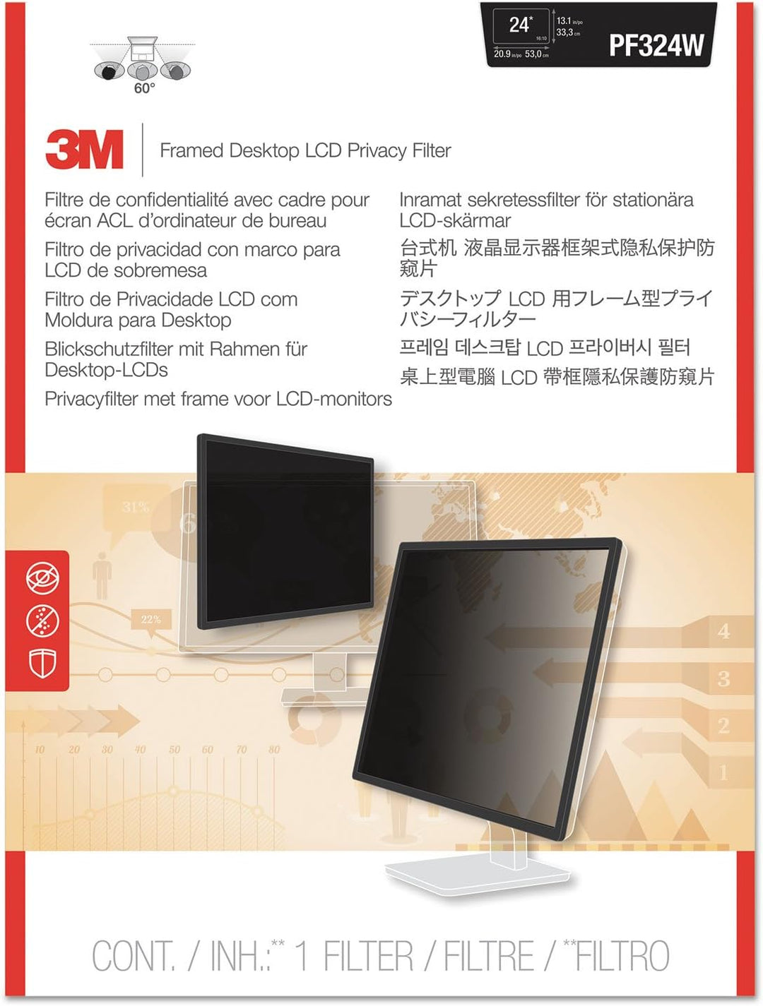 3M PF324W Blickschutzfilter Standard für Desktops mit Rahmen 60,0-61,0 cm Weit (entspricht 23,6"W-24