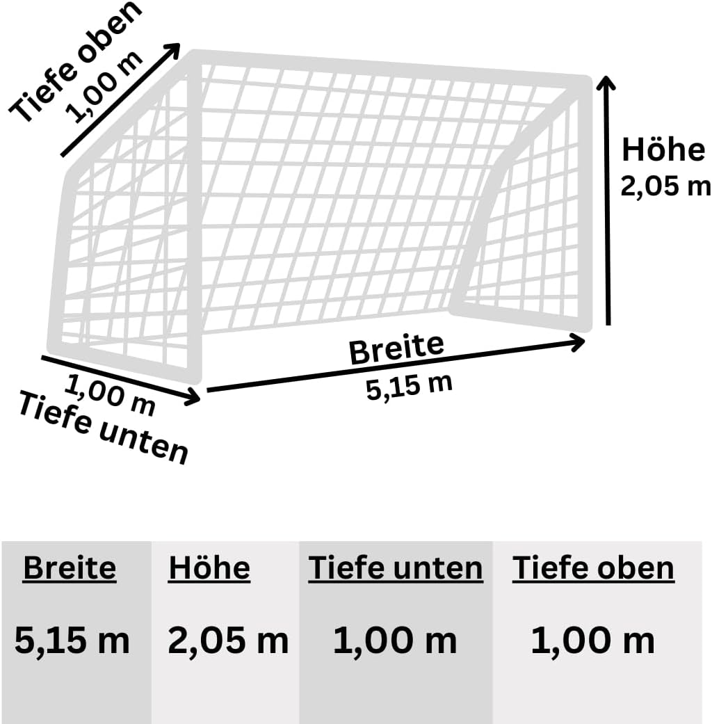 Fussball Jugend Tornetz Fussballtornetz 5,15 m x 2,05 m Tiefe Oben 1,00 unten 1,00 m Fussballnetz zw