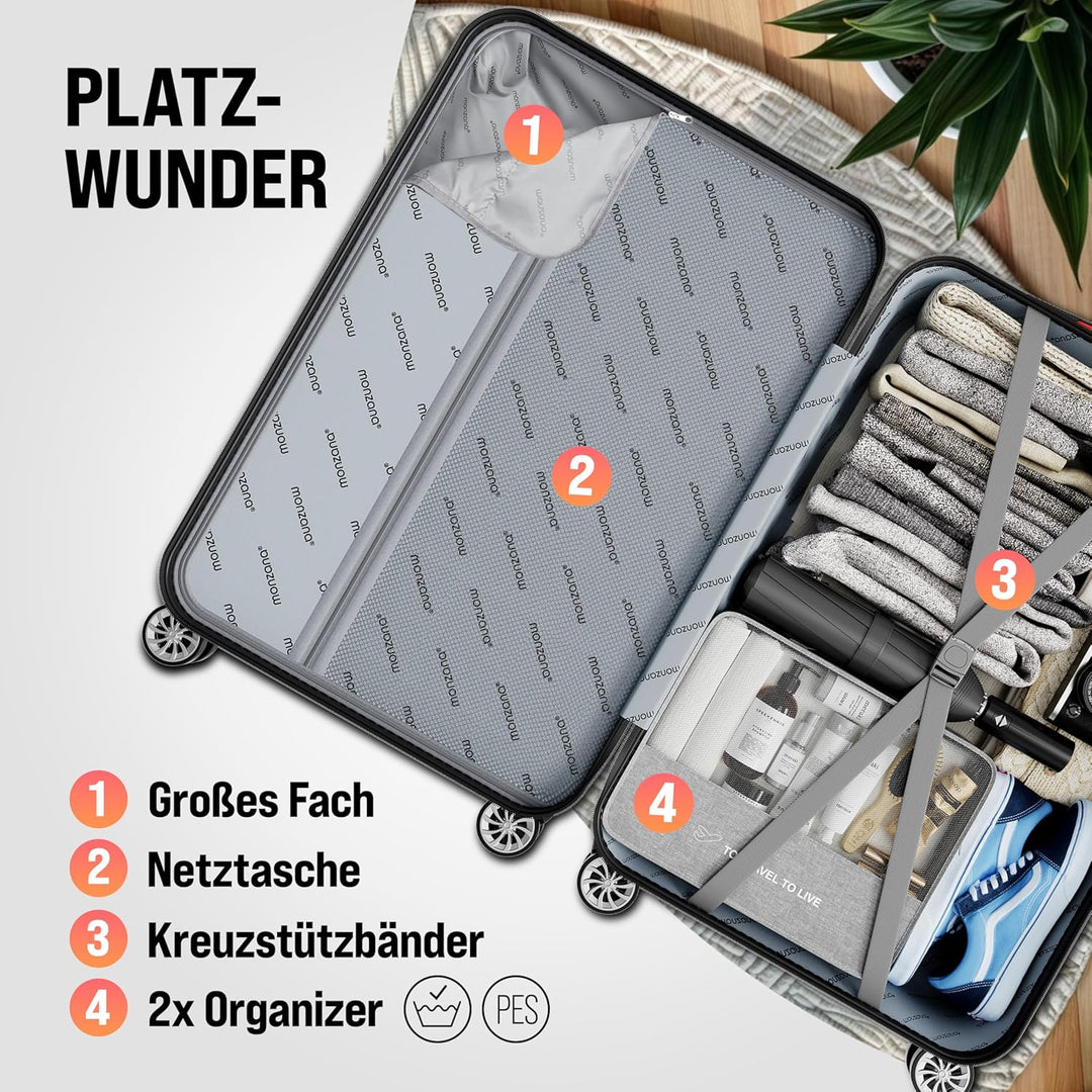 MONZANA® 3tlg. Kofferset Schloss Wäsche Organizer Kofferwaage Gurt Gel-Griffe Zwillingsrollen Standf
