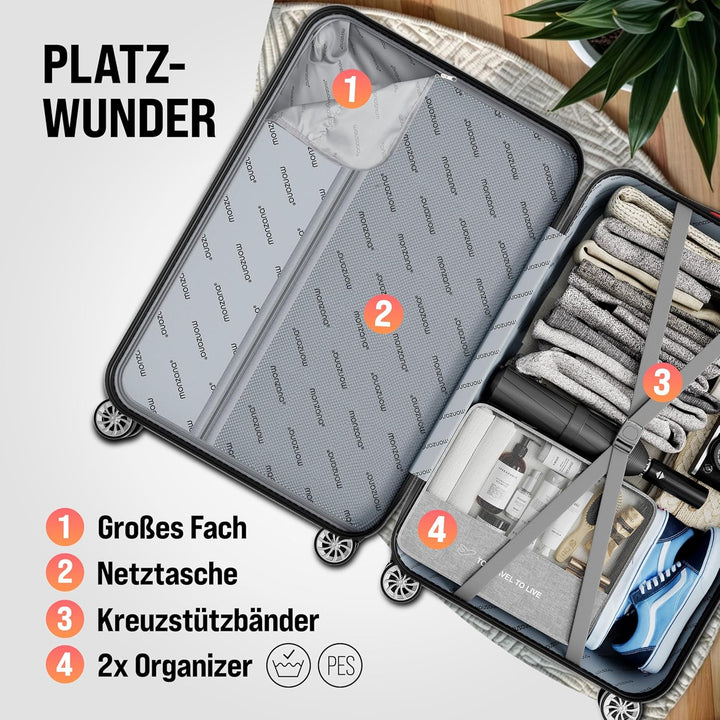MONZANA® 3tlg. Kofferset Schloss Wäsche Organizer Kofferwaage Gurt Gel-Griffe Zwillingsrollen Standf