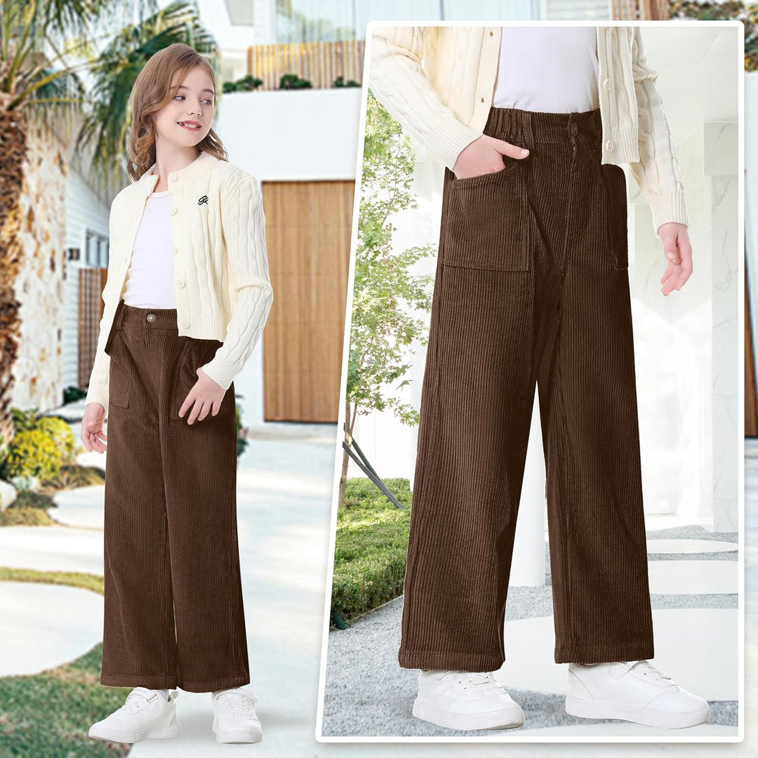 Rolanko Mädchen Cordhose, Pull On Elastische Taille Gerades Bein Abgeschnitten Lange Hosen für Kinde