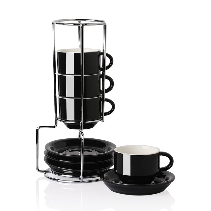 Sweejar Home Porzellan Espressotassen mit Untertassen, 70 ml stapelbare Cappuccinotassen mit Metalls
