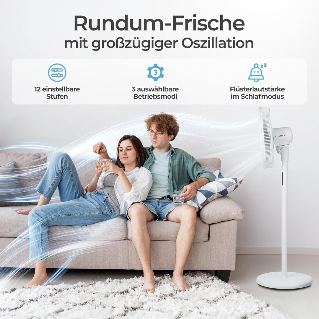 KLAMER Standventilator leise, stromsparender DC Standventilator mit Fernbedienung, 12 Geschwindigkei