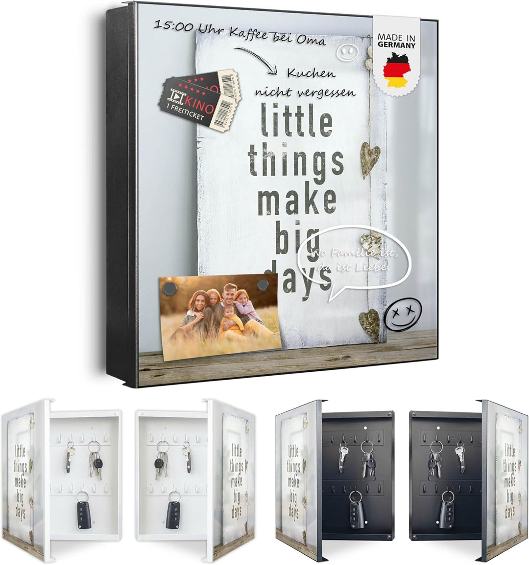 banjado® Grosser Schlüsselkasten Glas/Schlüsselbox 30cm x 30cm mit 50 Haken - Motiv Little Things/Sc