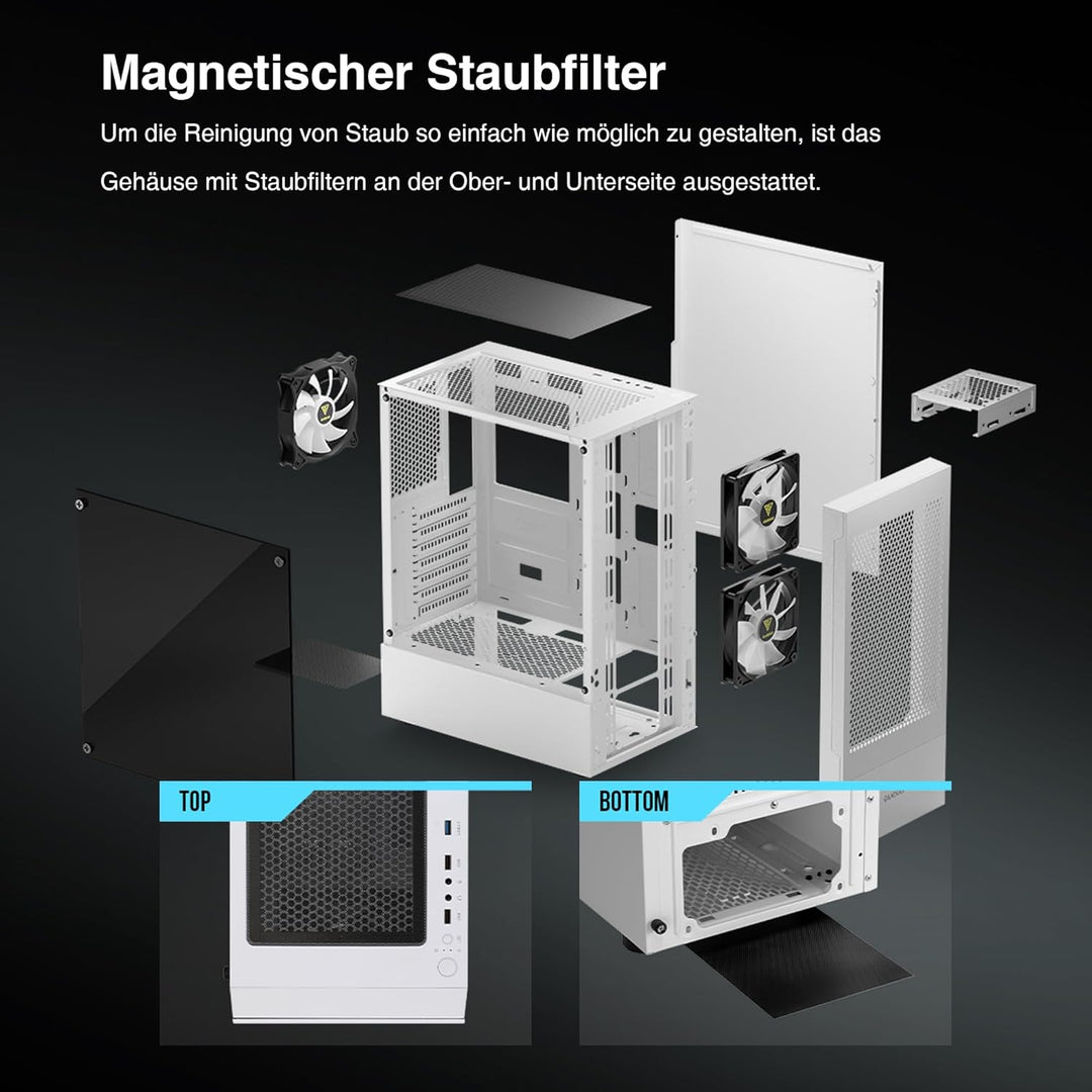 GAMDIAS Talos E3 Mesh WH Gaming PC-Gehäuse, Mid-Tower ATX-Gehäuse mit seitlicher gehärteter Glassche