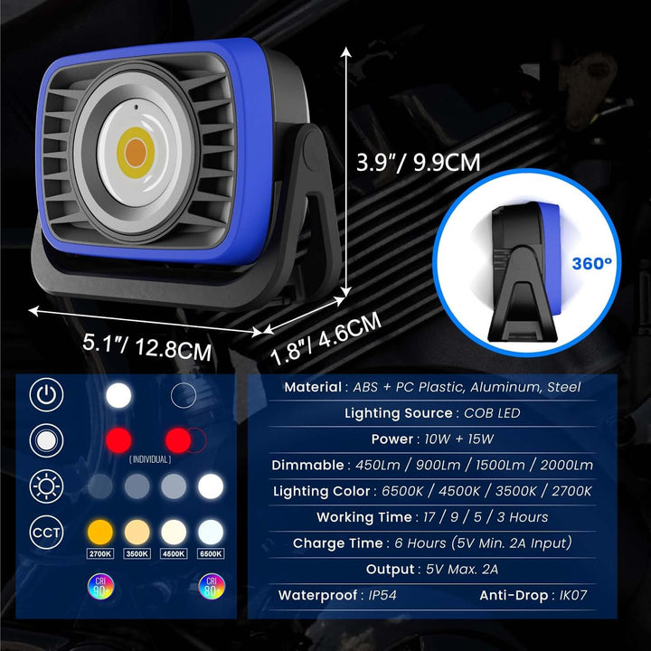 PRINCEWAY LED Baustrahler Arbeitsleuchte Akku Strahler Werkstattlampe, 2000LM Tragbare Magnetische W
