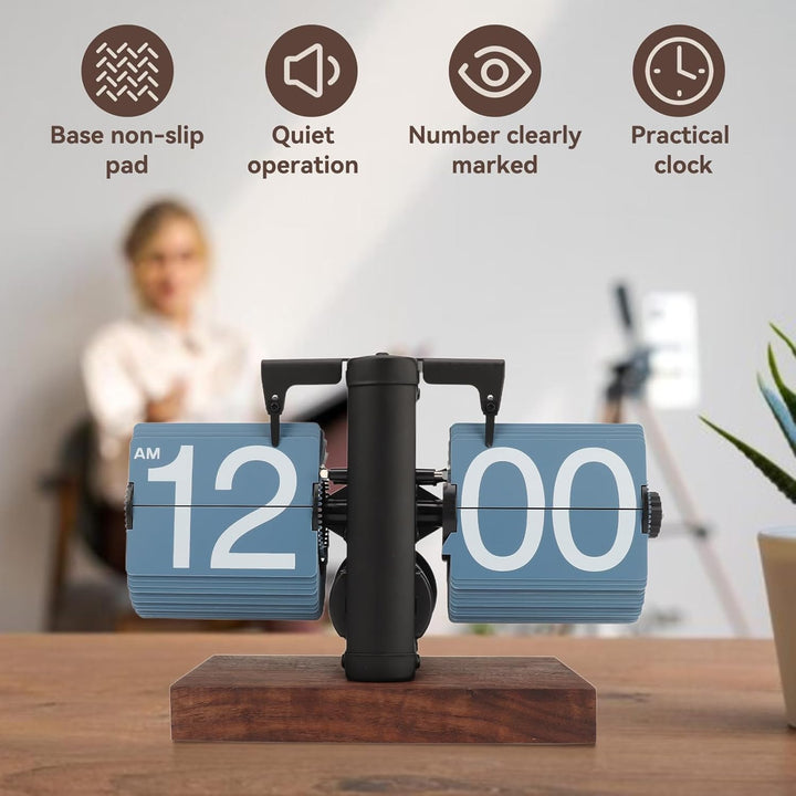 Digitale Flip-Down-Uhr, 12 Stunden Flip Uhr Retro mit Holzsockel und grosse Zahlenanzeige Tischuhr V
