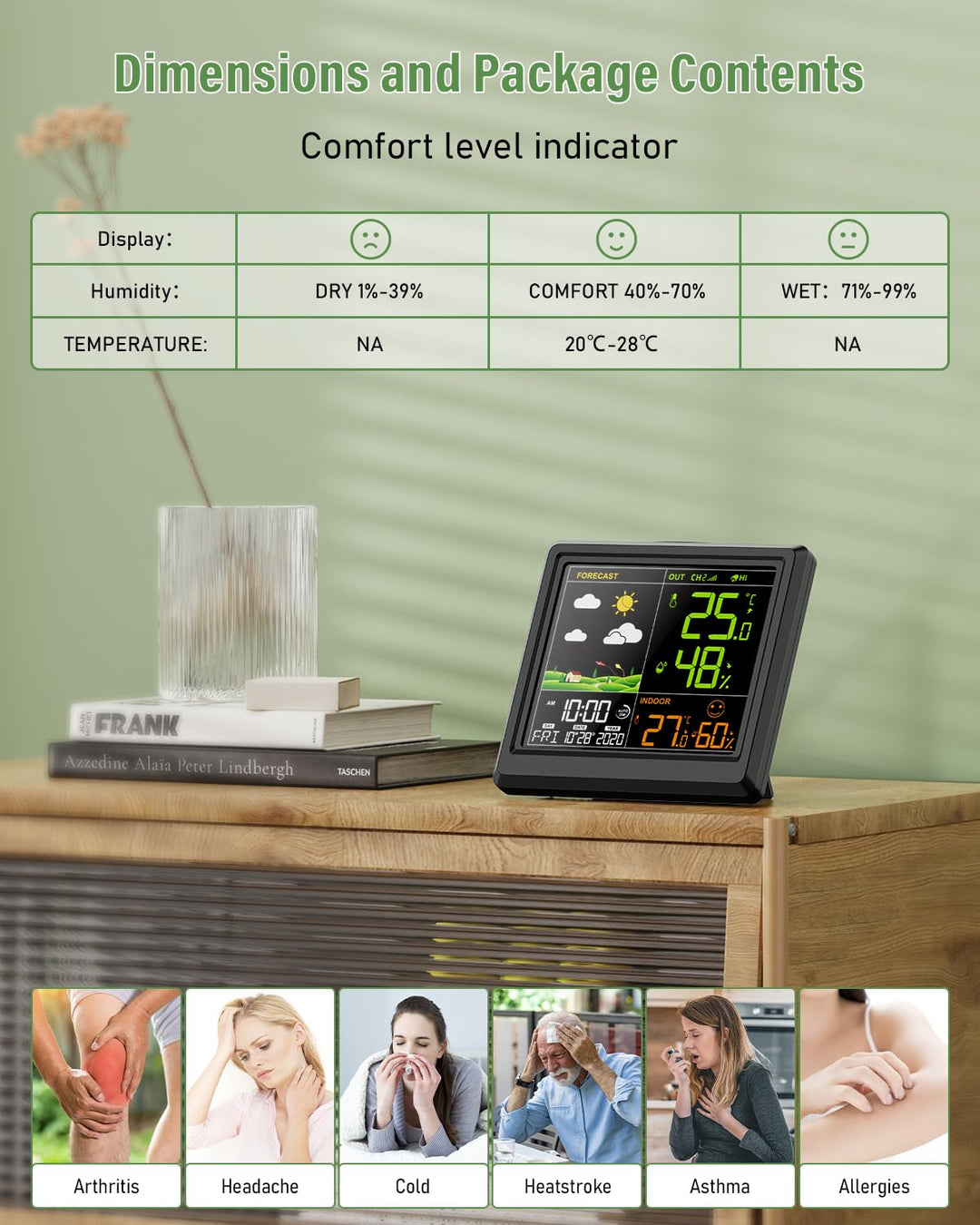 Wetterstation funk mit Aussensensor, kabellos, Anzeige von Temperatur und Luftfeuchtigkeit, mit 3 He