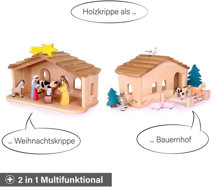 Holzspielzeug Peitz Weihnachtskrippe aus Holz | Krippenstall mit Stall und Hauptraum | Vielseitig al