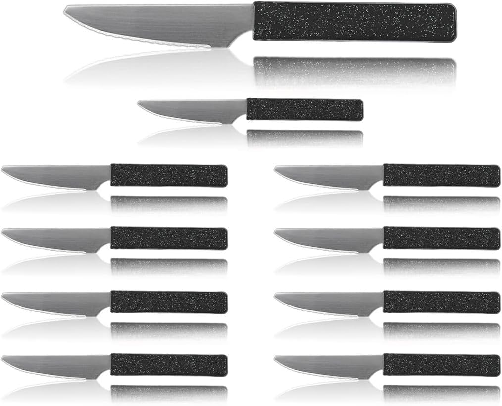 LaXon Messer, Frühstücksmesser, 10 Stk. schwarz, Brotmesser mit Wellenschliff, schwarzes Messer Set,