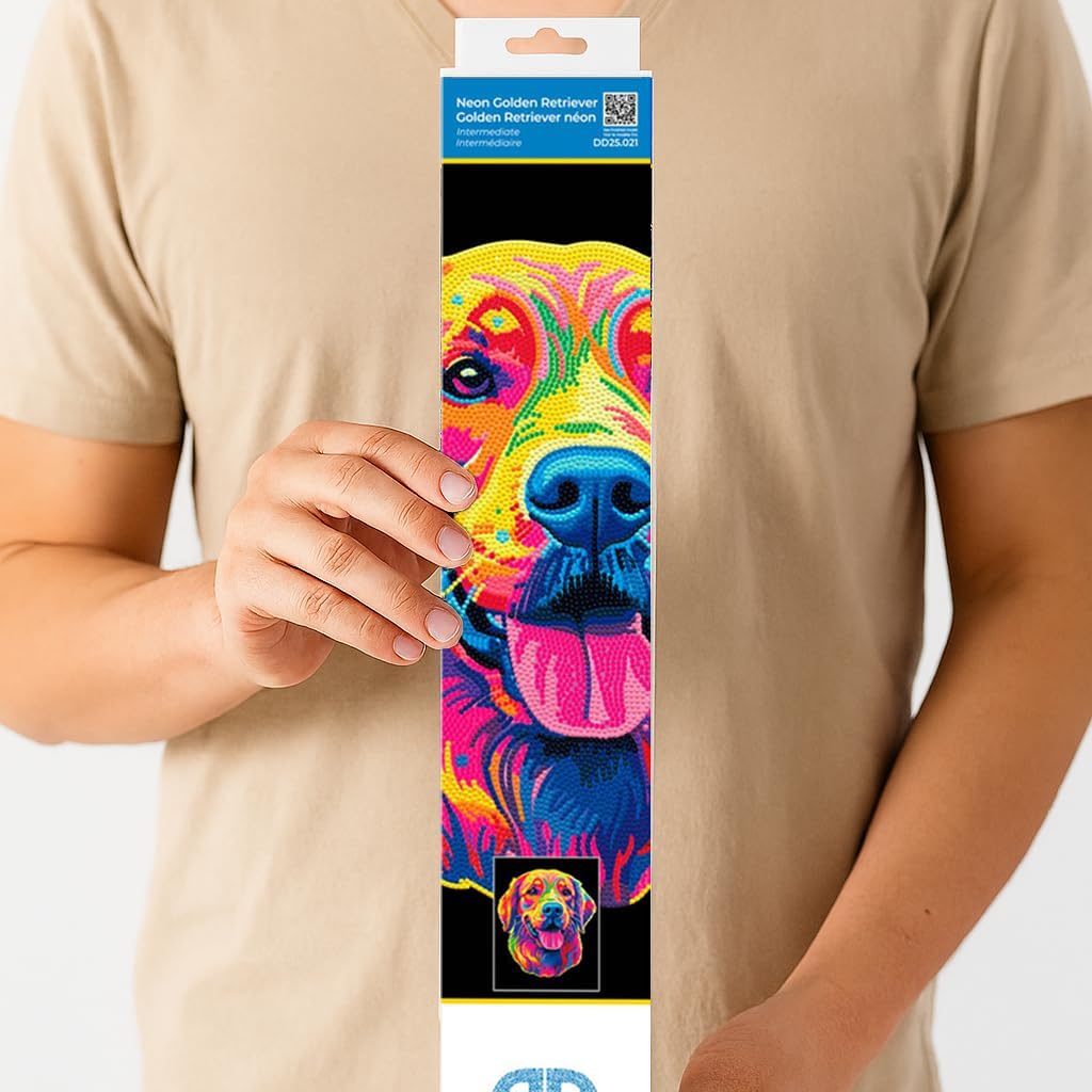 DIAMOND DOTZ 2594367 Original 5D Diamond Painting Set, Neon Golden Retriever, mit Neonfarben und Sam