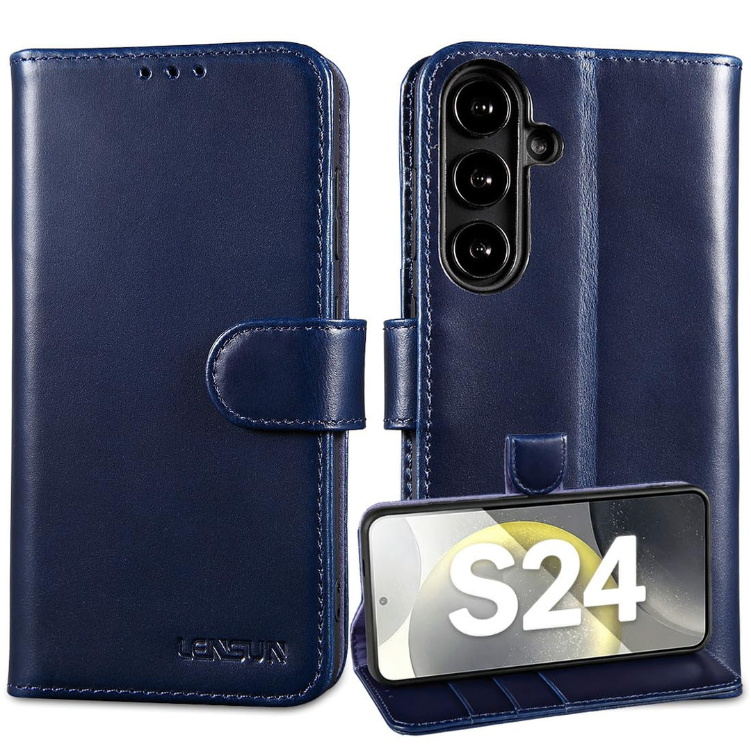 LENSUN Echtleder Hülle für Samsung Galaxy S24, Leder Handyhülle [Brieftasche][RFID Schutz][Standfunk