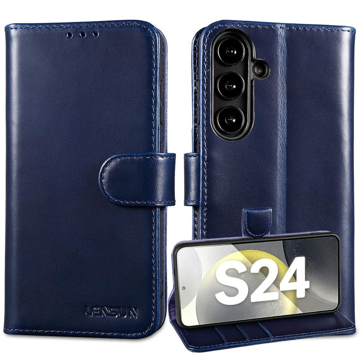 LENSUN Echtleder Hülle für Samsung Galaxy S24, Leder Handyhülle [Brieftasche][RFID Schutz][Standfunk