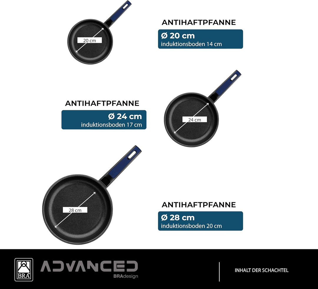 BRA Advanced | Set mit 3 antihaftbeschichteten Bratpfannen aus Aluminiumguss, 20|24|28 cm, PFOA-frei