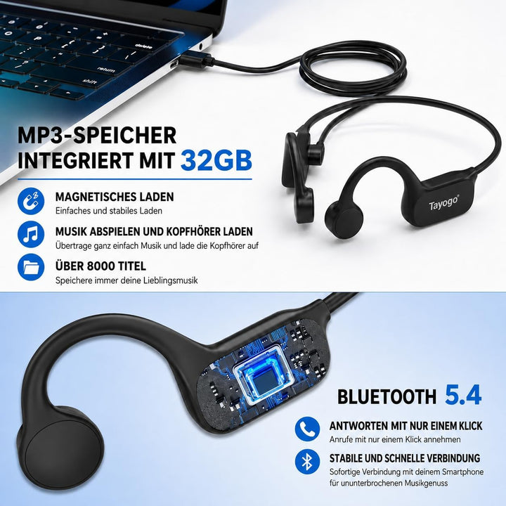 Tayogo Schwimmen Kopfhörer, Knochenschall Kopfhörer Eingebaute 32GB Speicher, MP3 Sport Kopfhörer Bl
