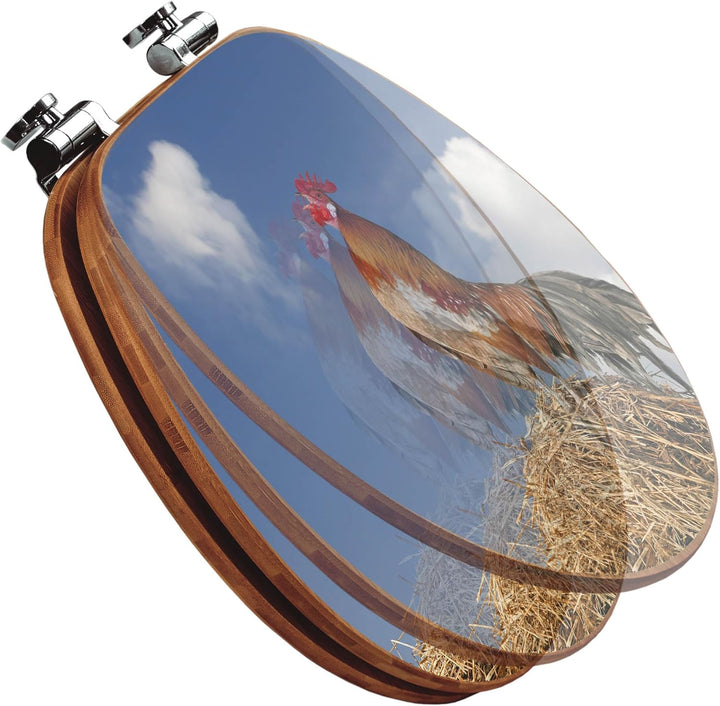 banjado® Design WC Sitz Bambus Absenkautomatik mit Motiv Hahn/Toilettendeckel mit Absenkautomatik Ho