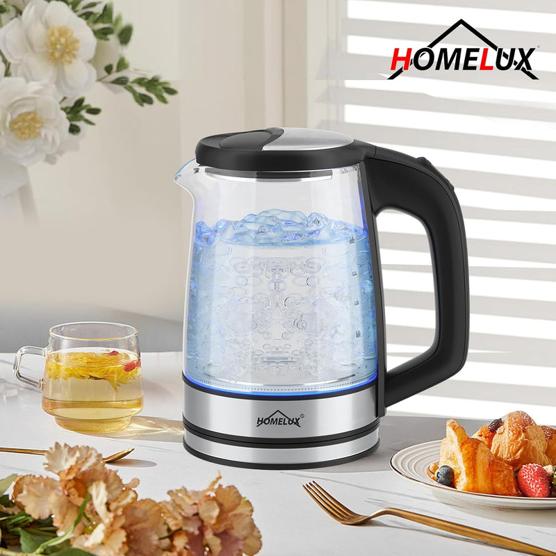 HOMELUX Wasserkocher Glas 1500 Watt 1,8 Liter, Electric Kettle Mit Led-Beleuchtung, Glas wasserkoche