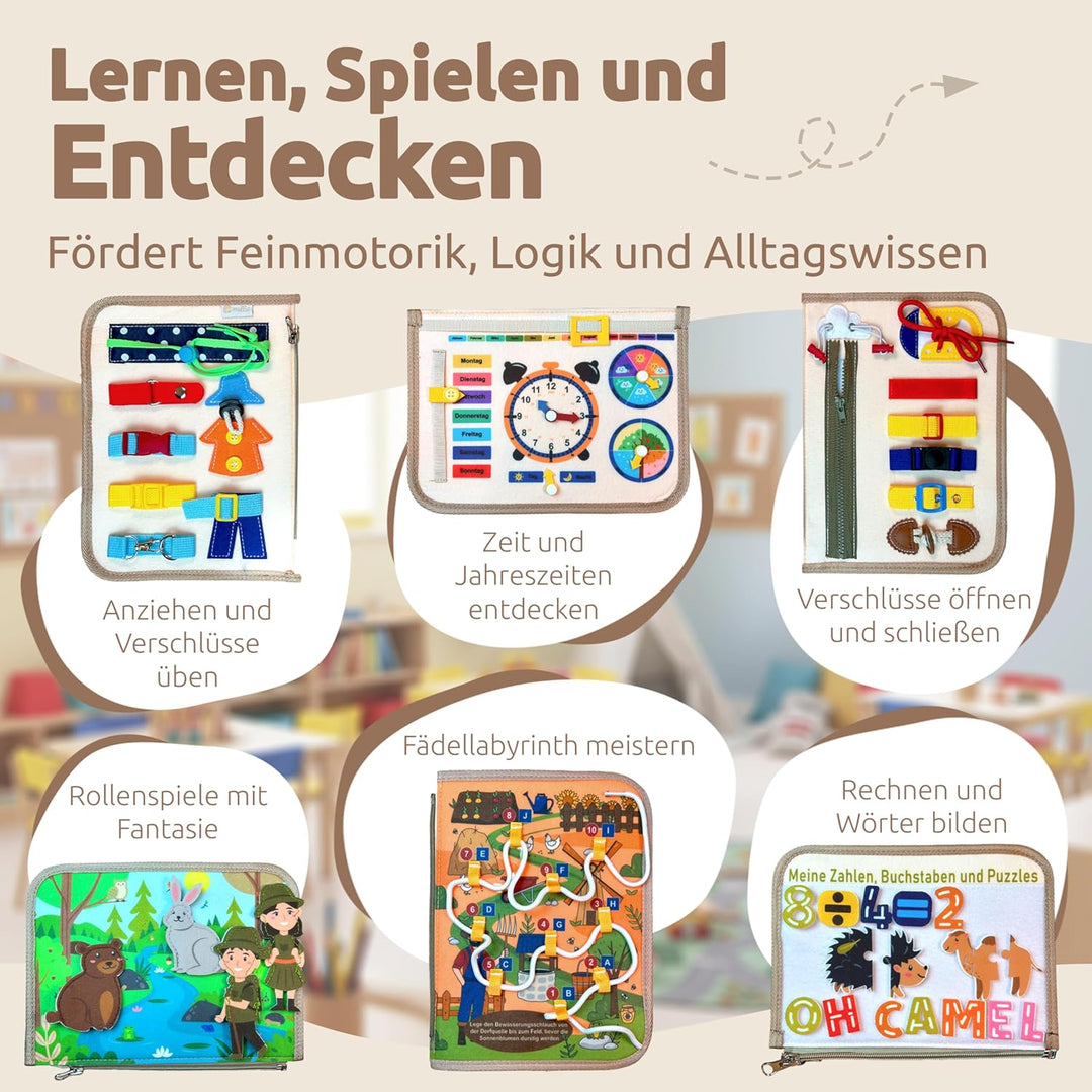 Mallie® Montessori Busy Board mit Rollenspiel-Set & Fingerpuppen [Version 2025] Lernbuch - Fördert F