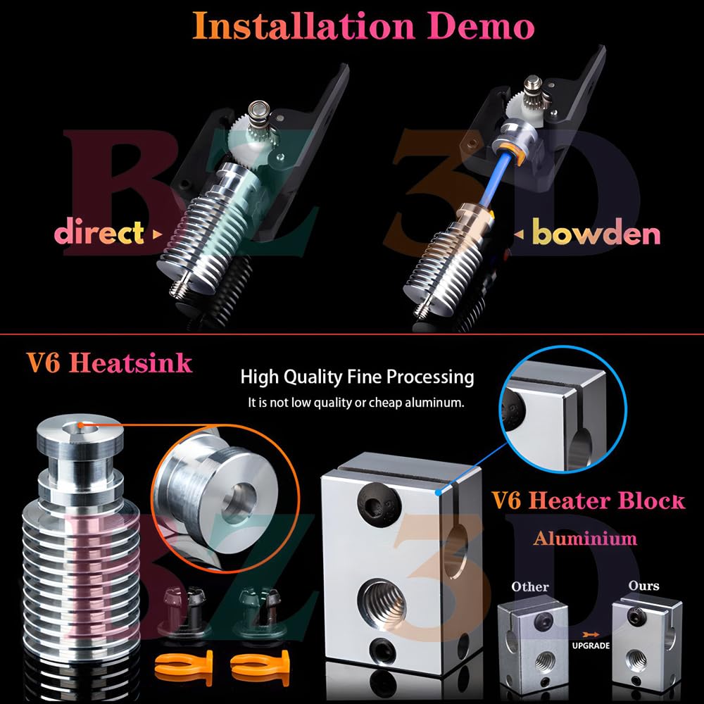 V6 All Metal Hotend 12V 40W Direct & Bowden Kit,V6 Messing Düsen 0.4mm,Heatbreak Titanlegierung,Lüft